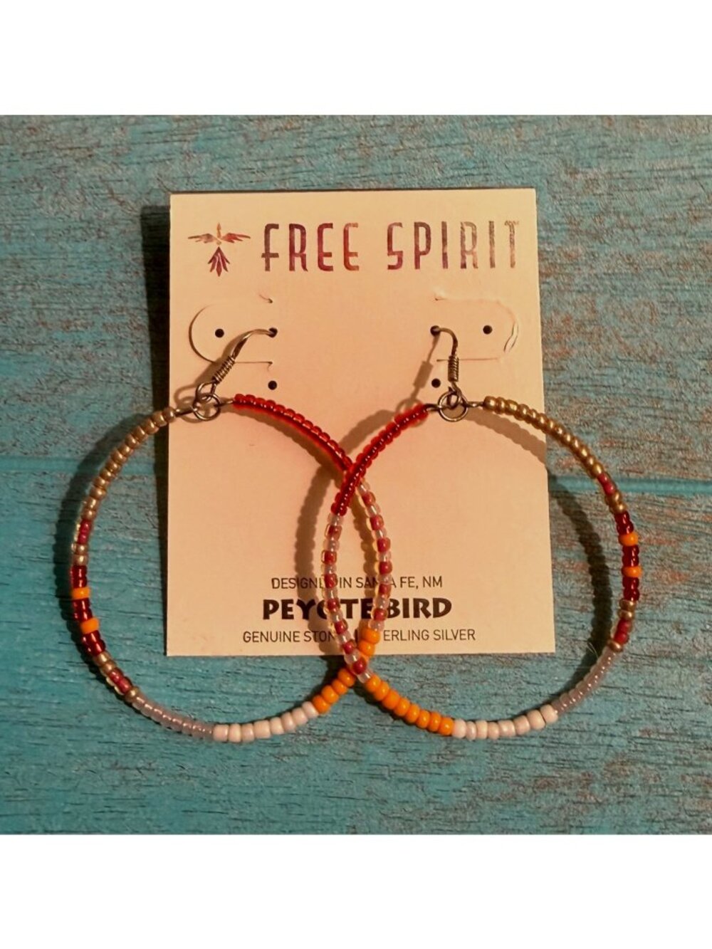 NWT Peyote Bird Free Spirit Sterling Silver Hoops w/ Red Beaded Accent Earrings